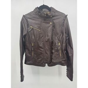 Apple Bottoms Womens Brown Faux Leather Ruffle Moto Jacket Leopard Lining L
